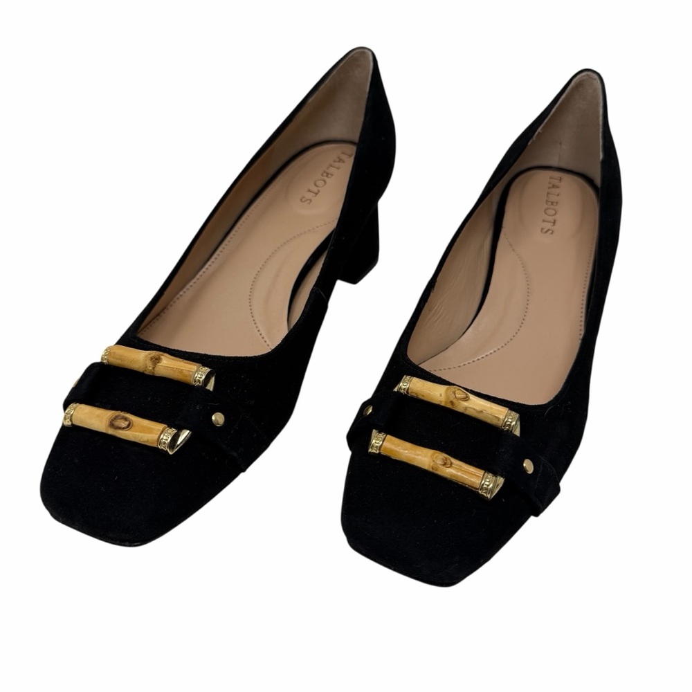 Talbots Sutton Bamboo Buckle‎ Black Suede Square Toe Block Heels Pumps 8M NWOB